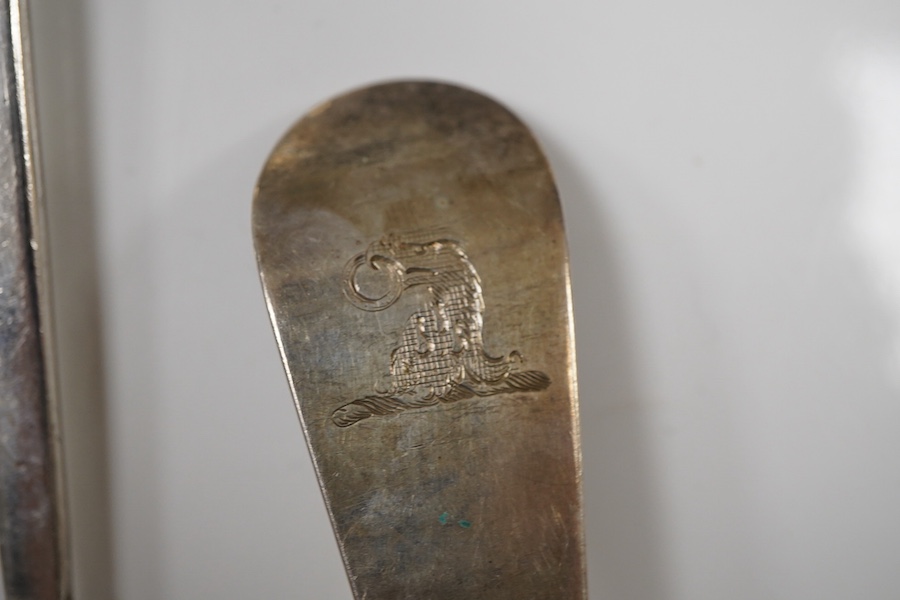 A pair of George III silver Old English pattern basting spoons, by Smith & Fearn, London, 1792, 27.4cm, with engraved crest, together with a George IV silver toddy ladle, with baleen handle, London, 1823 and three contin